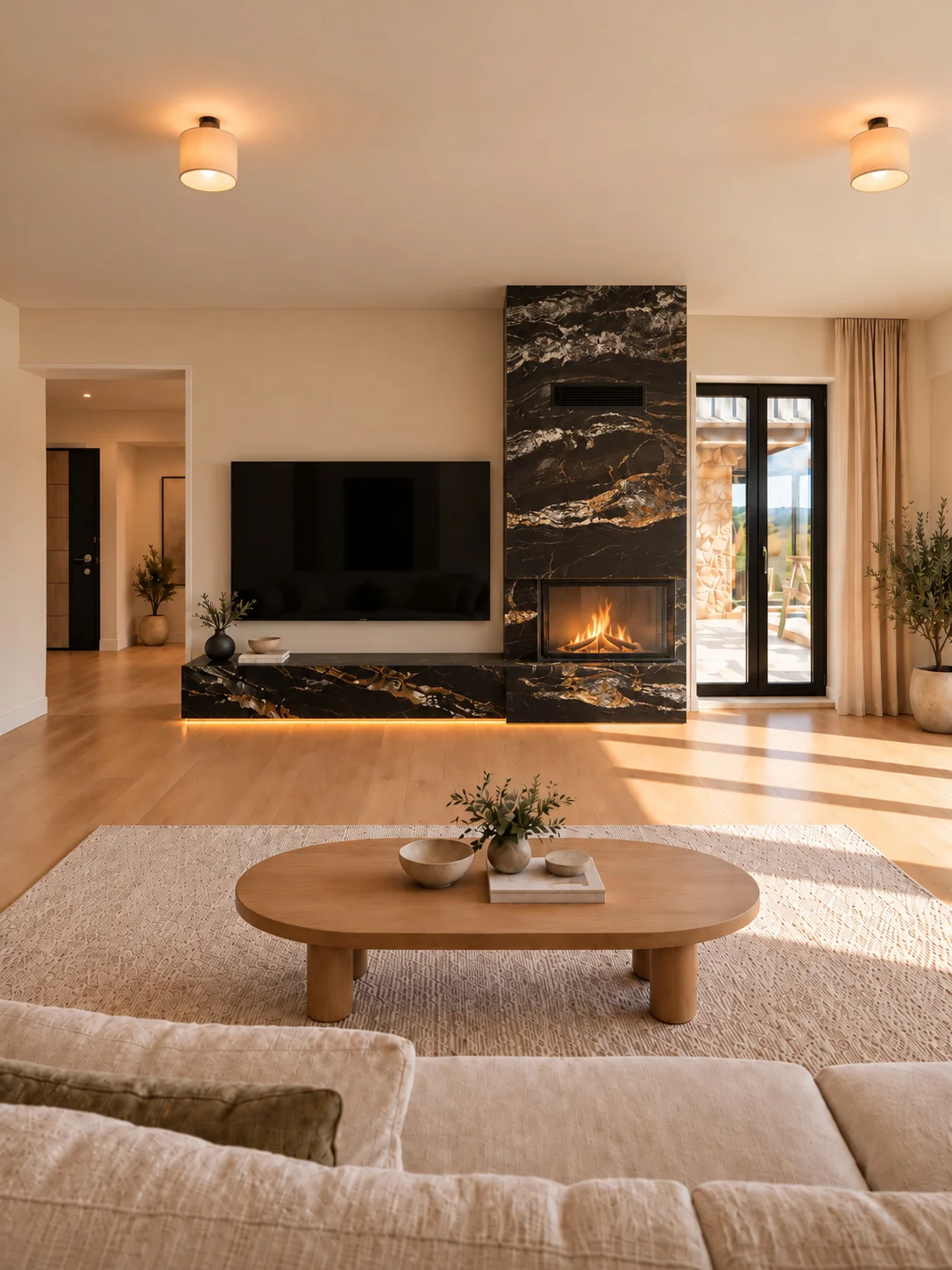 Geniş salon, modern şömine ve sıcak ahşap detaylar
