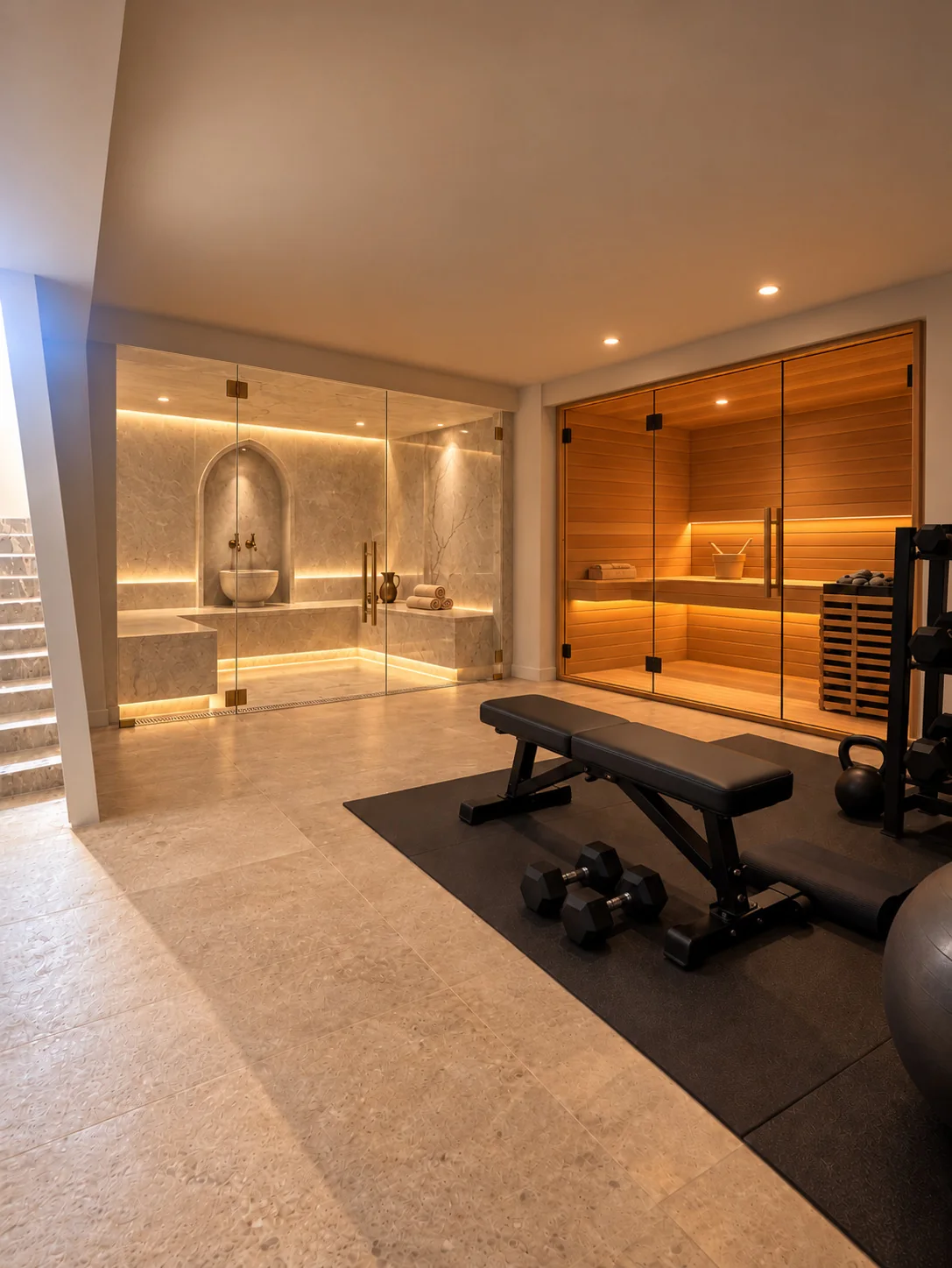 Cam bölmeli hamam ve ahşap sauna ile spor alanı